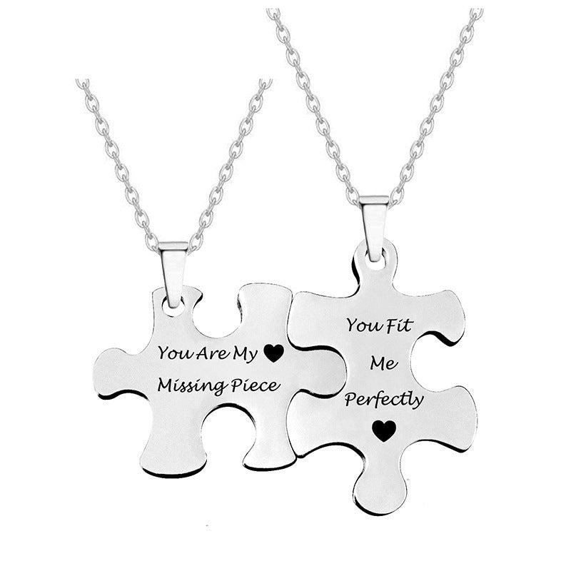 Engraved titanium necklace-couple puzzle